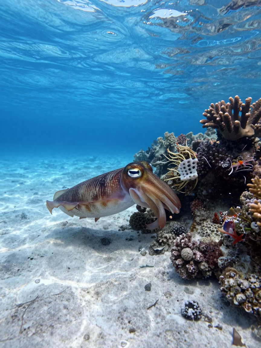 Cuttlefish Hunting Shrimp Under Zanzibar Reef in beneath a reef ledge in tropical shallows near Zanzibar