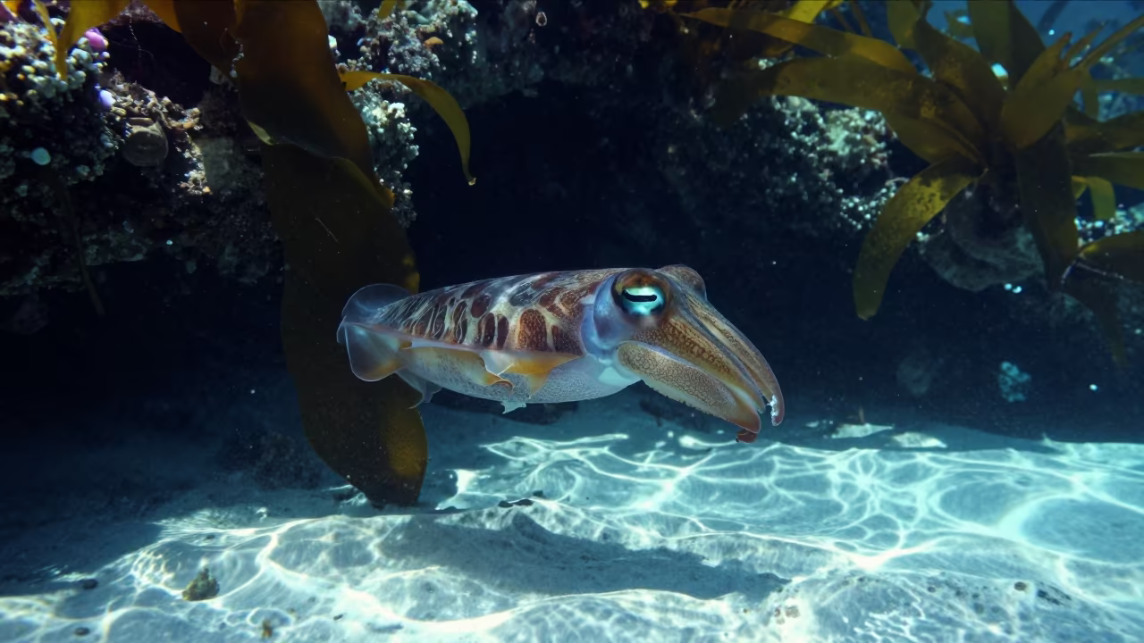 Cuttlefish in Kelp Forest Under Stone Town Water in beside a reef crevice under clear water near Stone Town