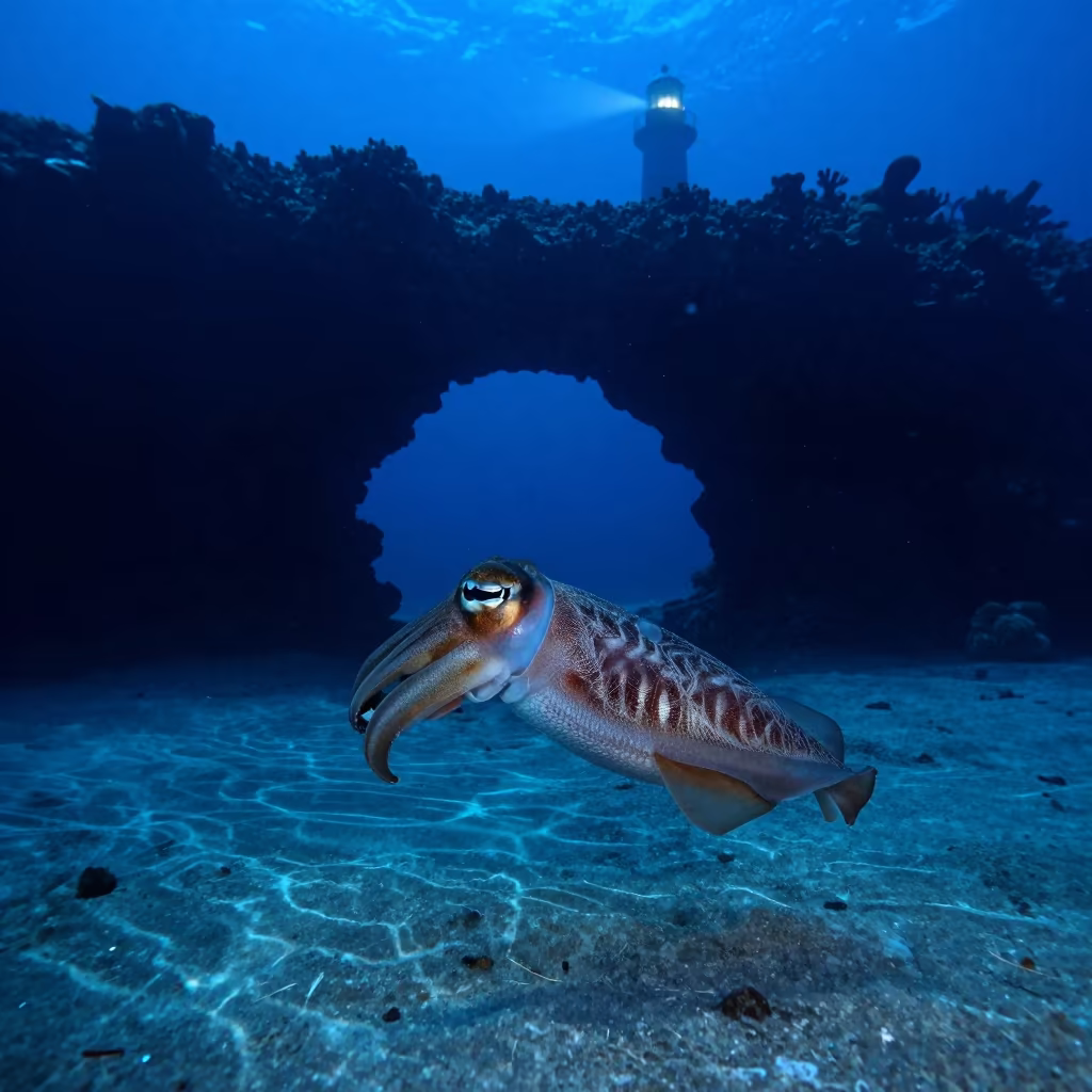 Cuttlefish Silhouette Under Reef Ledge Midnight in beneath a reef ledge in tropical shallows near Cairns