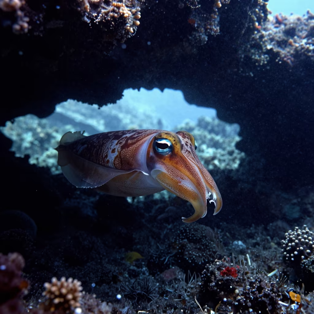 Cuttlefish Silhouette on Volcanic Reef Bali in beside a volcanic reef overhang near Denpasar