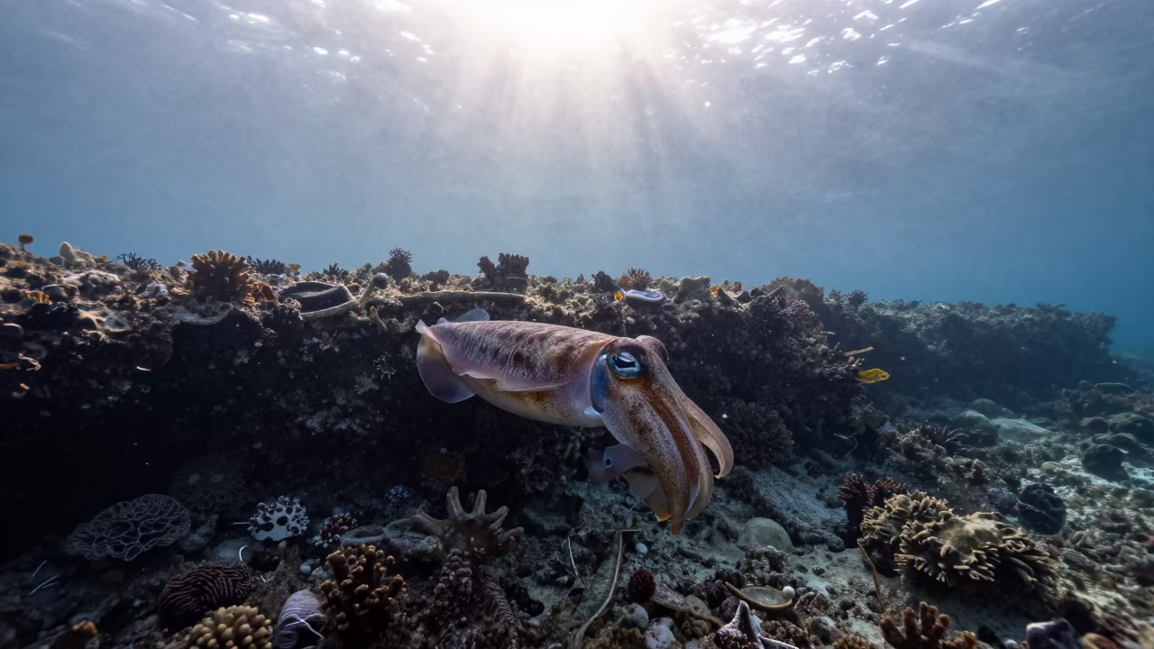 Cuttlefish Suspended in Silver Dawn Light Beneath Reef Ledge in beneath a reef ledge in tropical shallows near Cebu