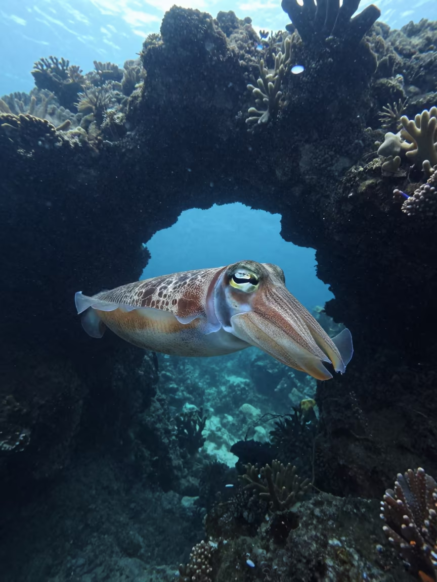 Cuttlefish Under Volcanic Arch in Monsoon Light in along a coral wall with blue water beyond near Stone Town