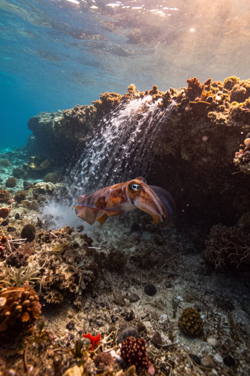 Cuttlefish in Uphill Water Flow Under Golden Reef Light in beside a reef crevice under clear water near Denpasar