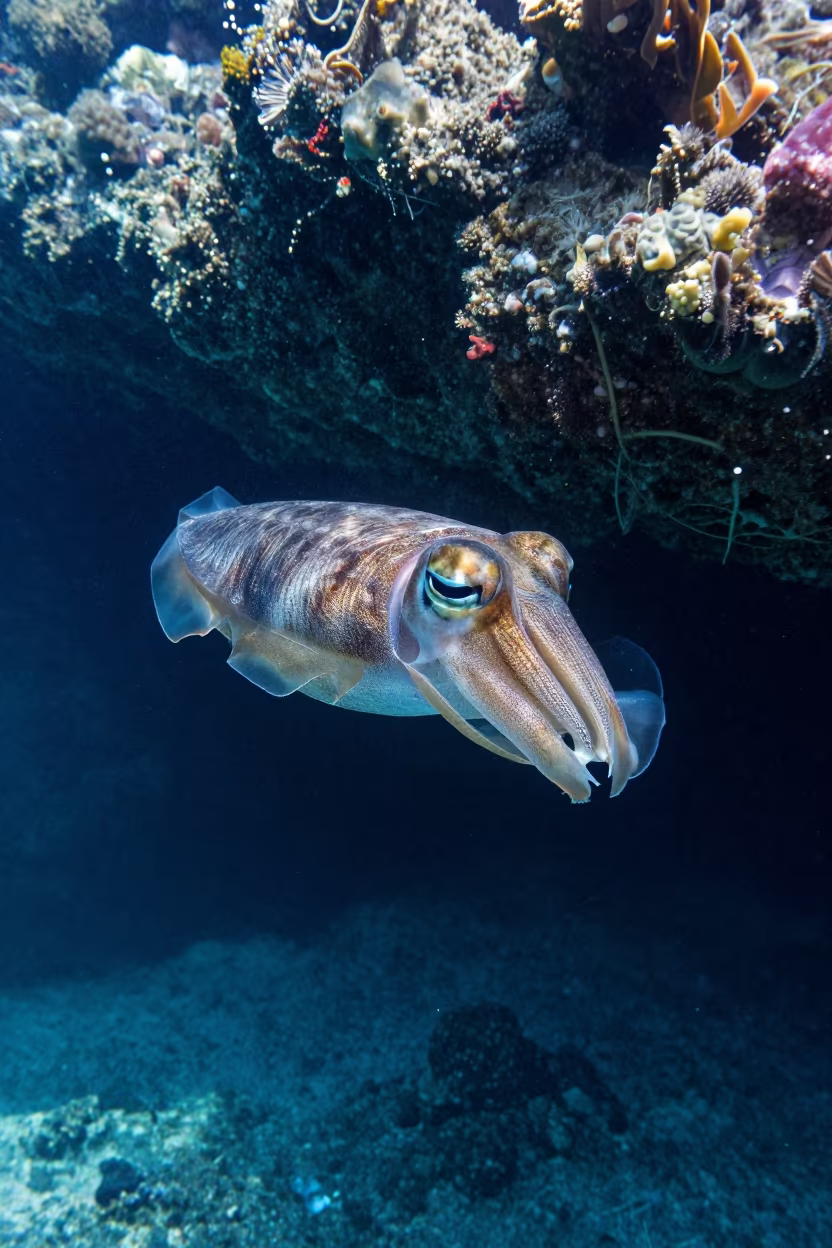 Cuttlefish Through Volcanic Arch in Cobalt Light in beside a reef crevice under clear water near Denpasar