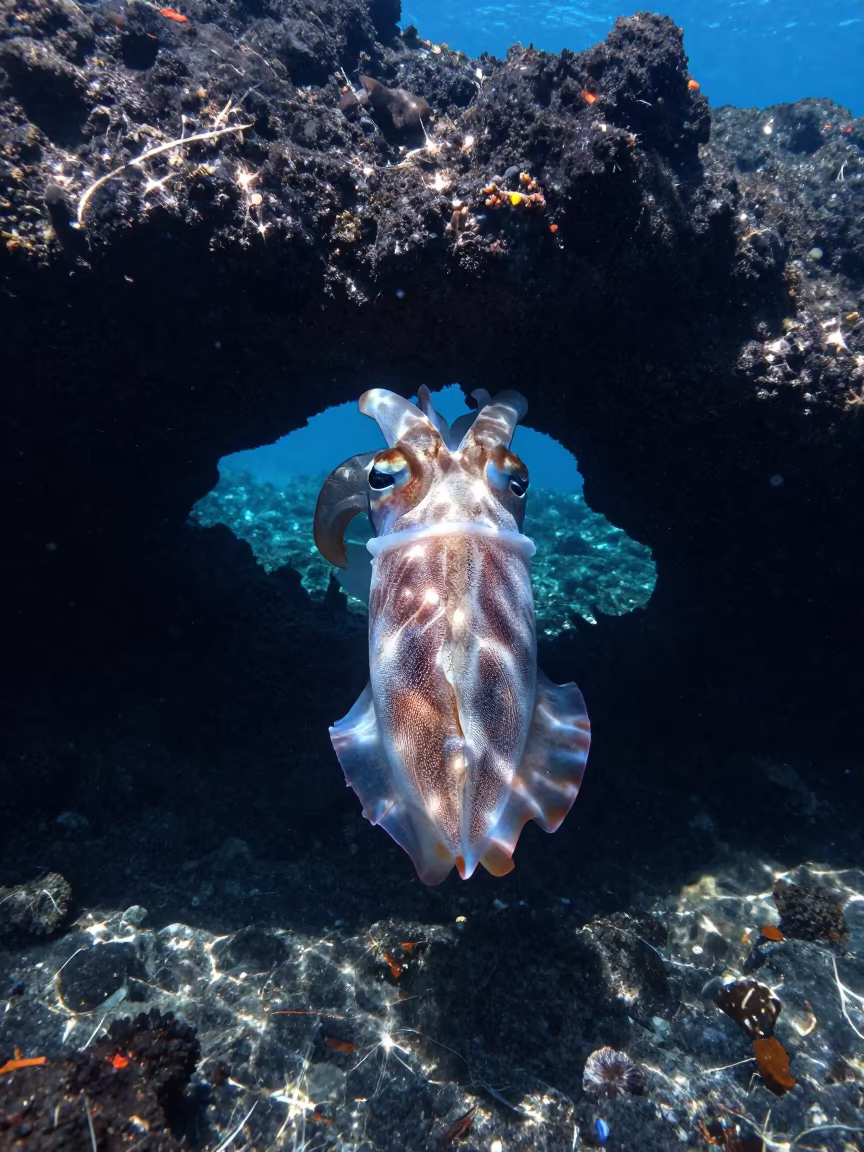 Cuttlefish Through Volcanic Arch in Blue Light in beneath a reef ledge in tropical shallows near Denpasar