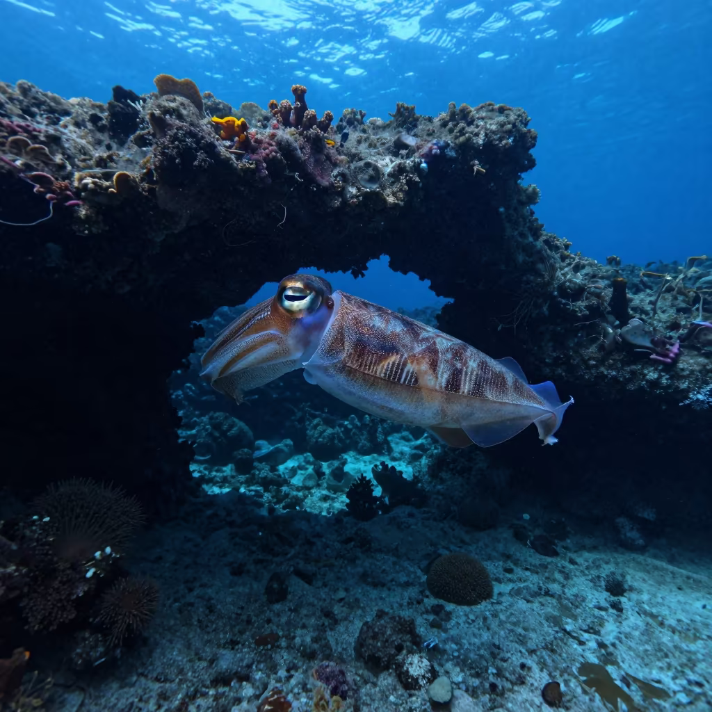 Cuttlefish Through Volcanic Arch at Dawn in beneath a reef ledge in tropical shallows near Denpasar