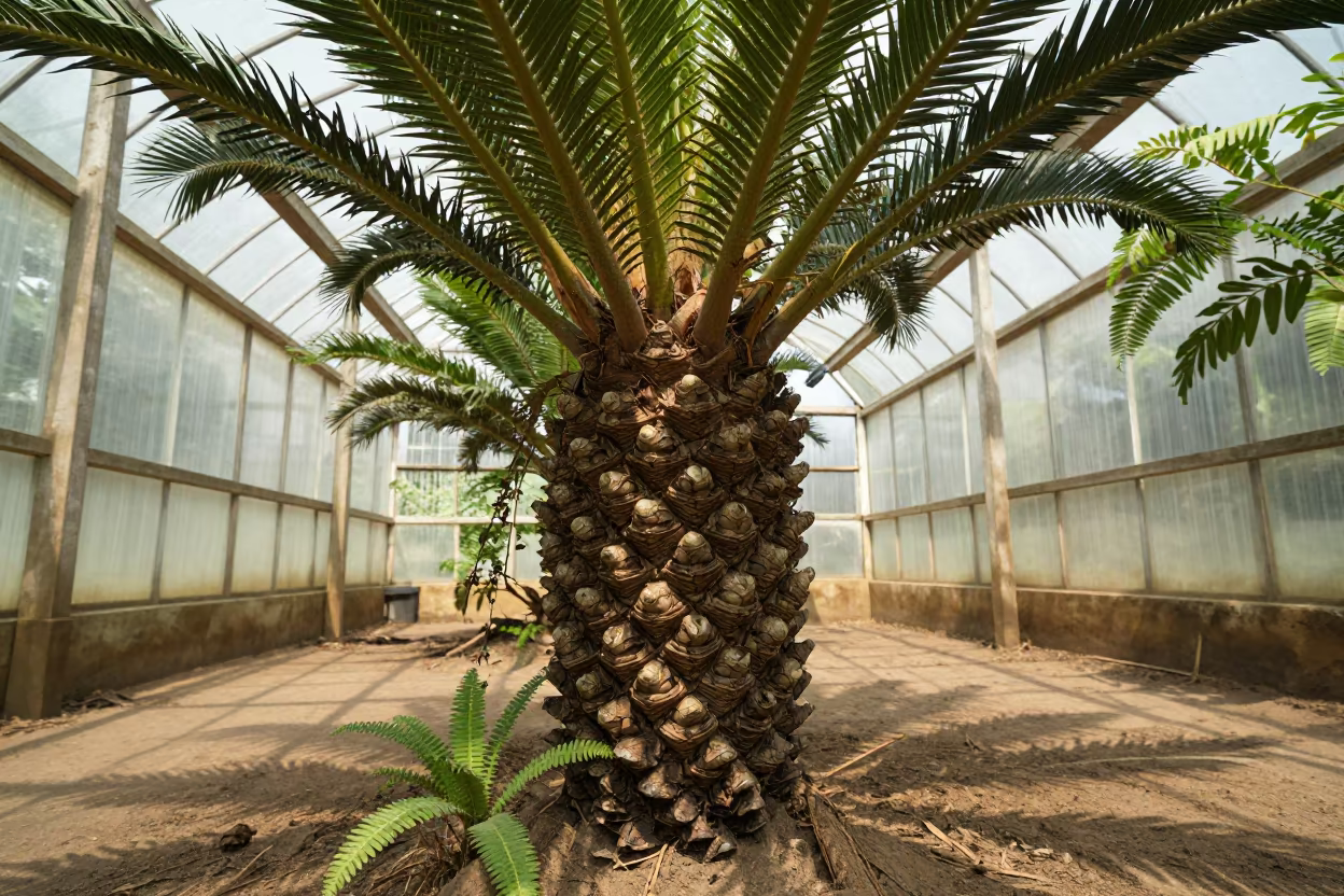 Cycad Cone in Humid Greenhouse Aisle in inside a humid greenhouse aisle in Chhattisgarh