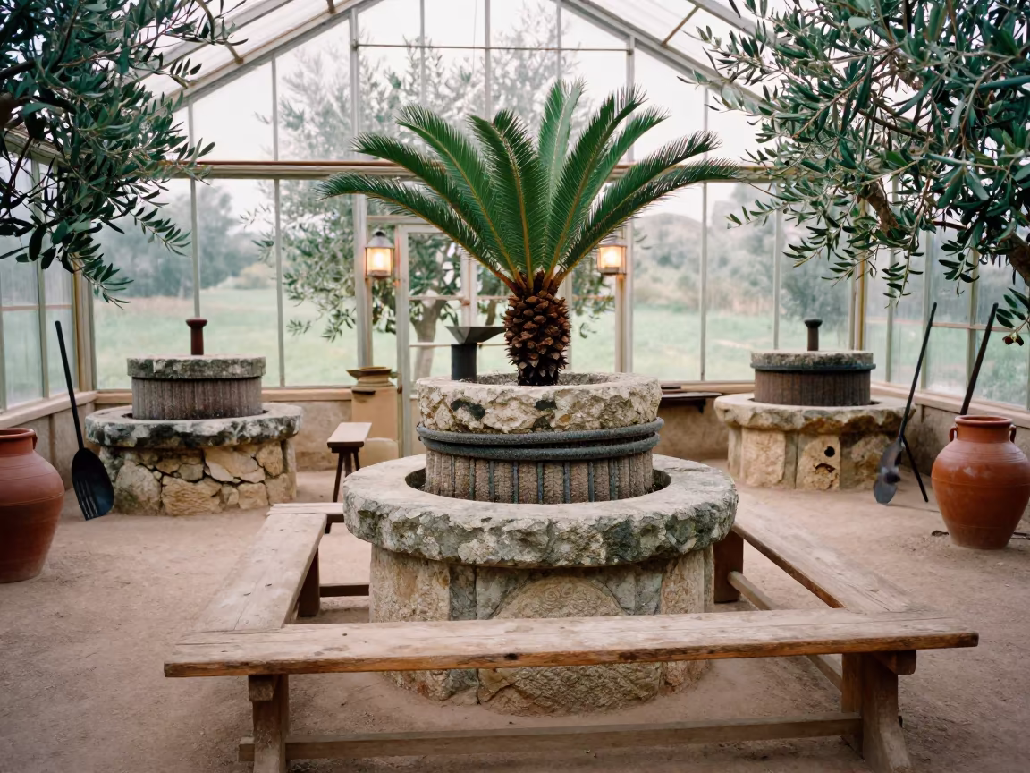 Cycad Cone on Workbench in Olive Press in inside a village olive press near Wenzhou
