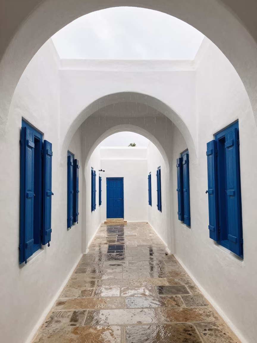 Cycladic House Atrium Perth Monsoon Drizzle in inside a vaulted atrium near Perth