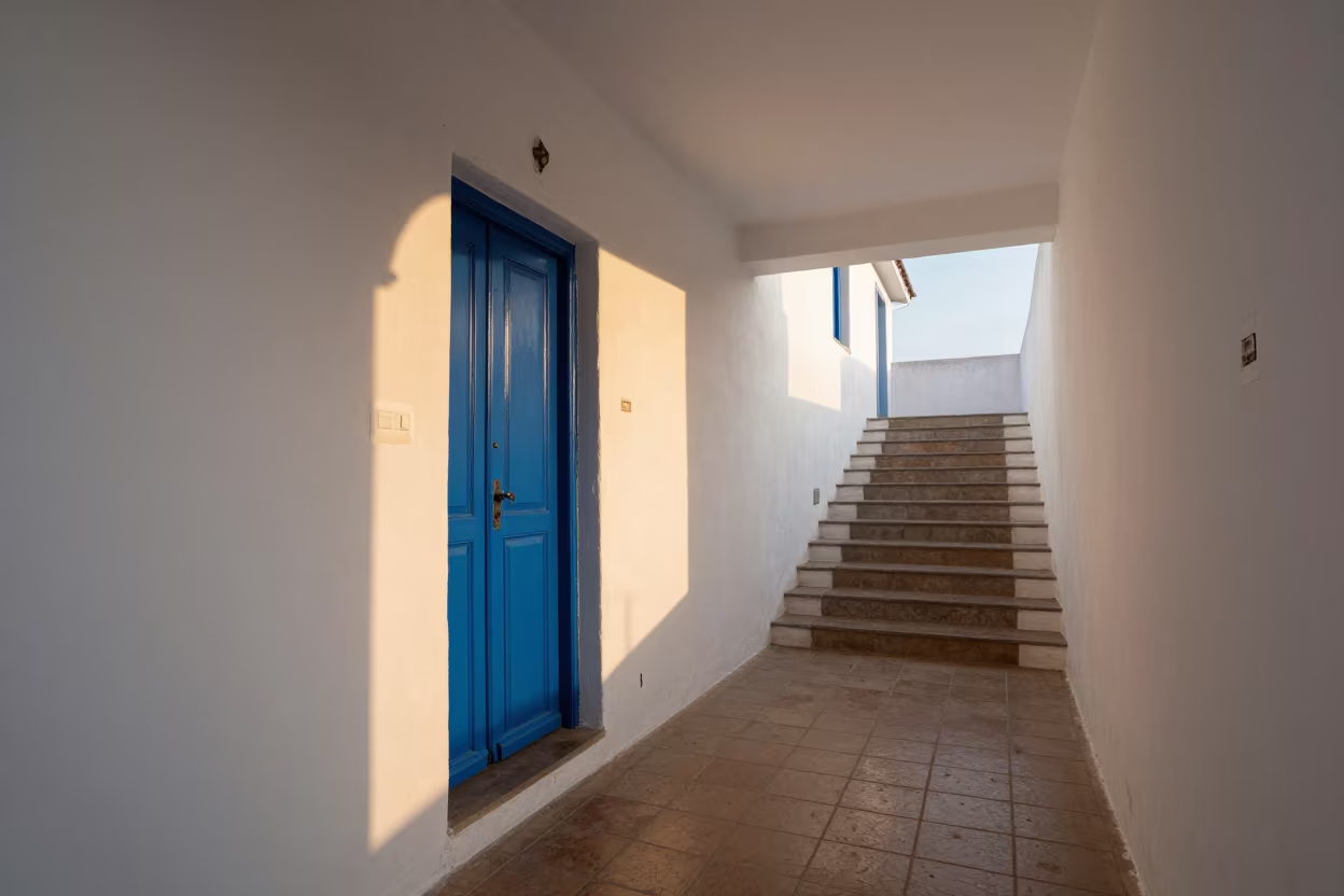 Cycladic House Model in Prague Tiled Stair Hall in inside a tiled stair hall in Prague