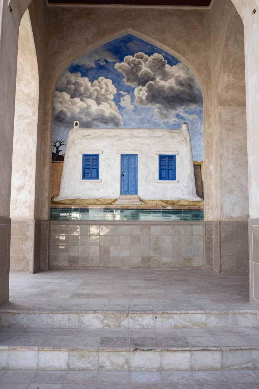 Cycladic House Window in Agra Stair Hall in inside a tiled stair hall in Agra