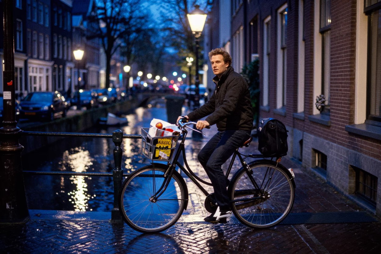 Cyclist after dark in Amsterdam in in Amsterdam, Netherlands