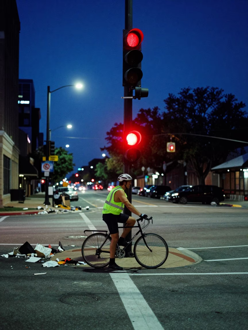 Cyclist after dark in Austin in in Austin, Texas, United States