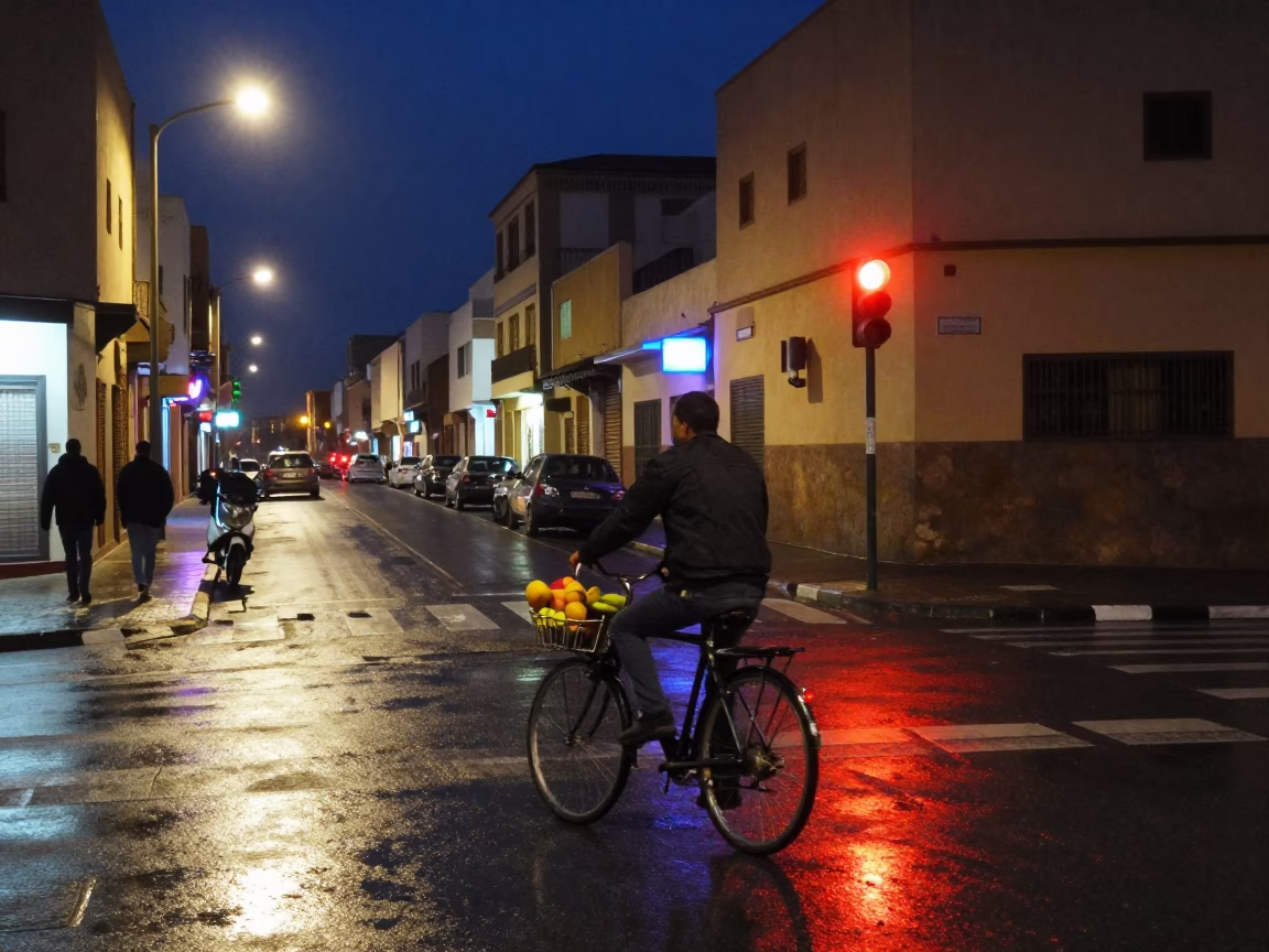 Cyclist after dark in Casablanca in in Casablanca, Morocco