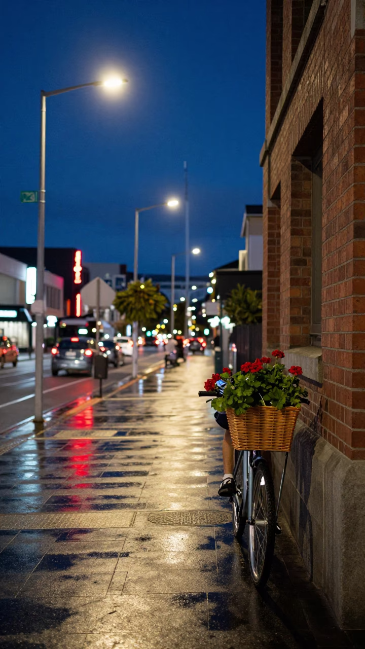 Cyclist after dark in Christchurch in in Christchurch, New Zealand