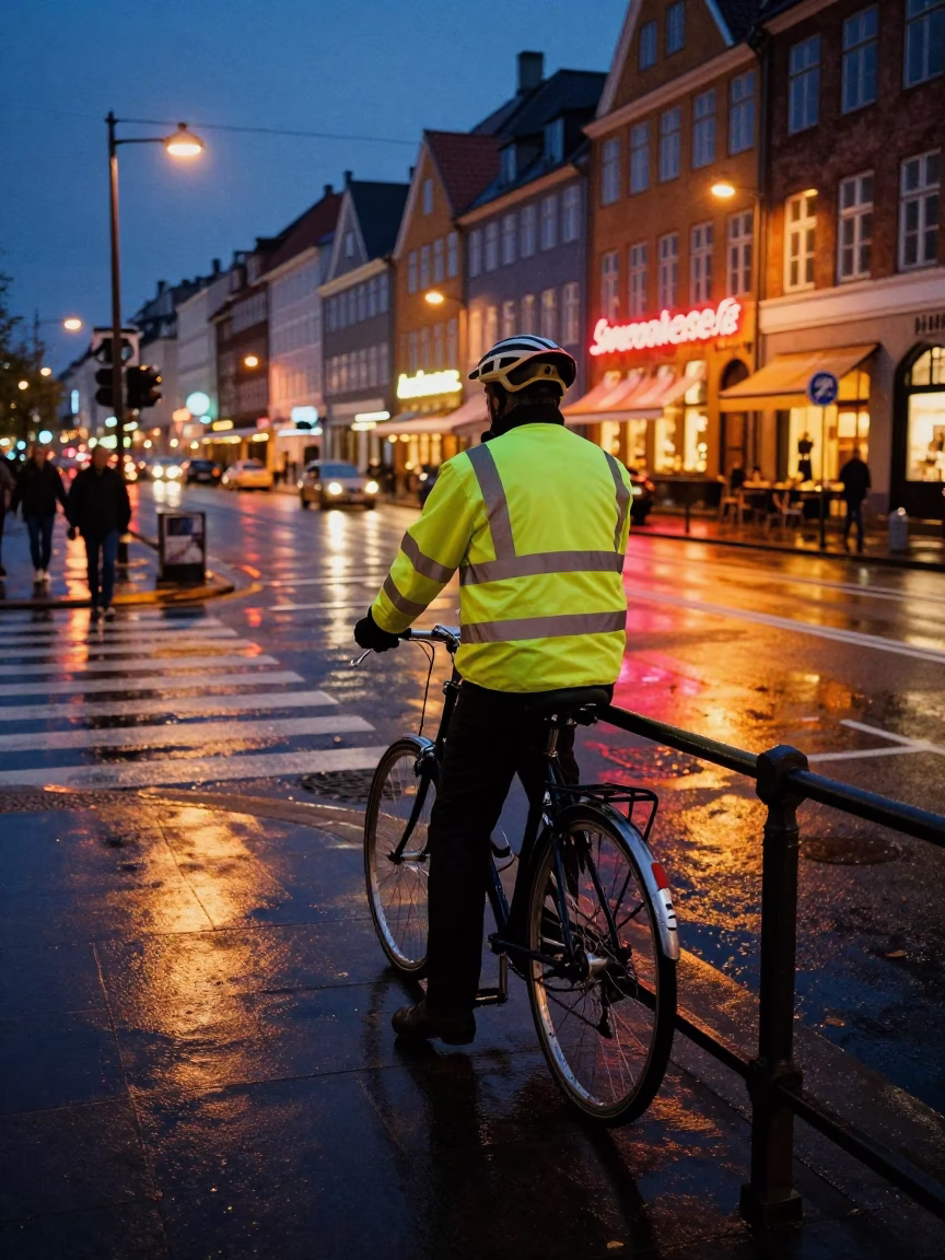 Cyclist after dark in Copenhagen in in Copenhagen, Denmark