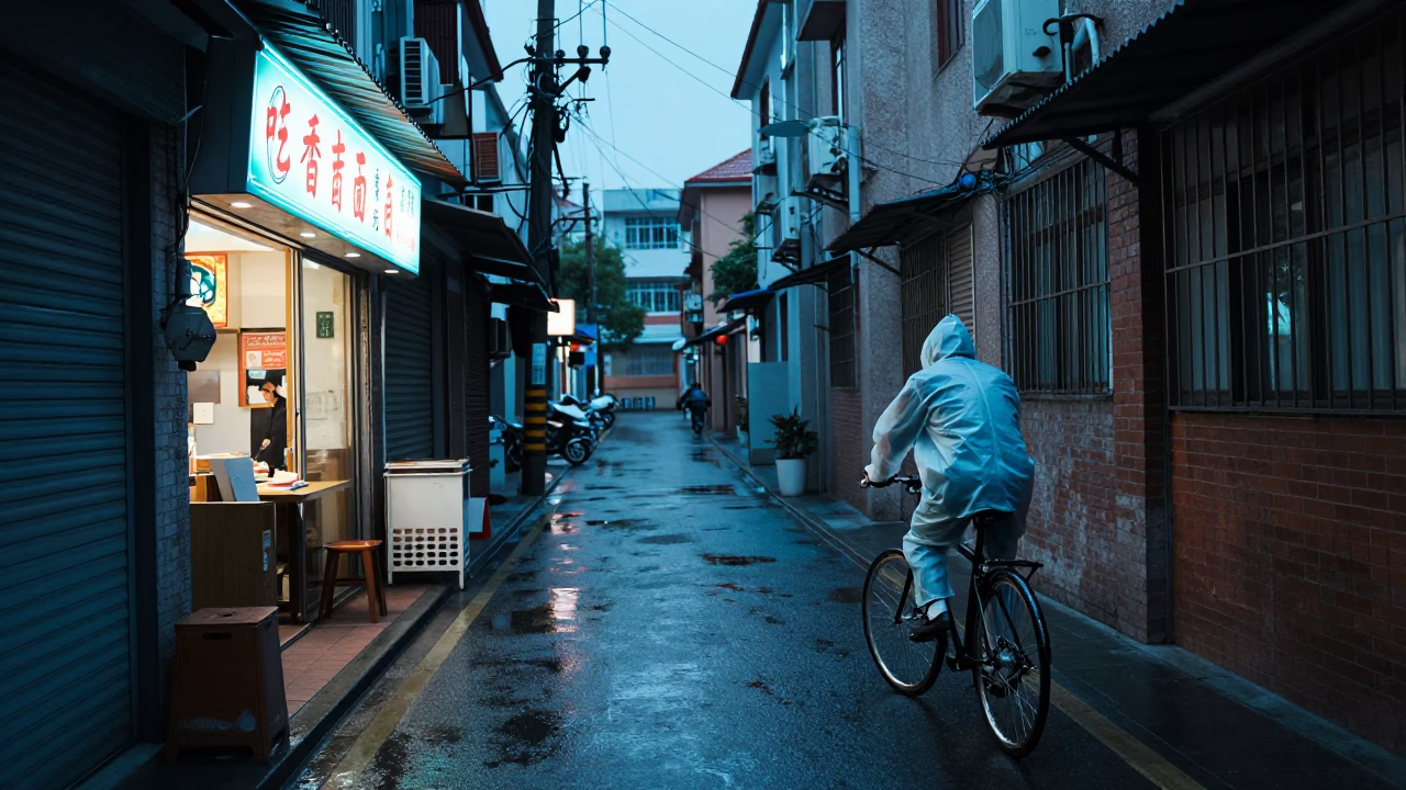 Cyclist at Blue Hour in in Shanghai, China