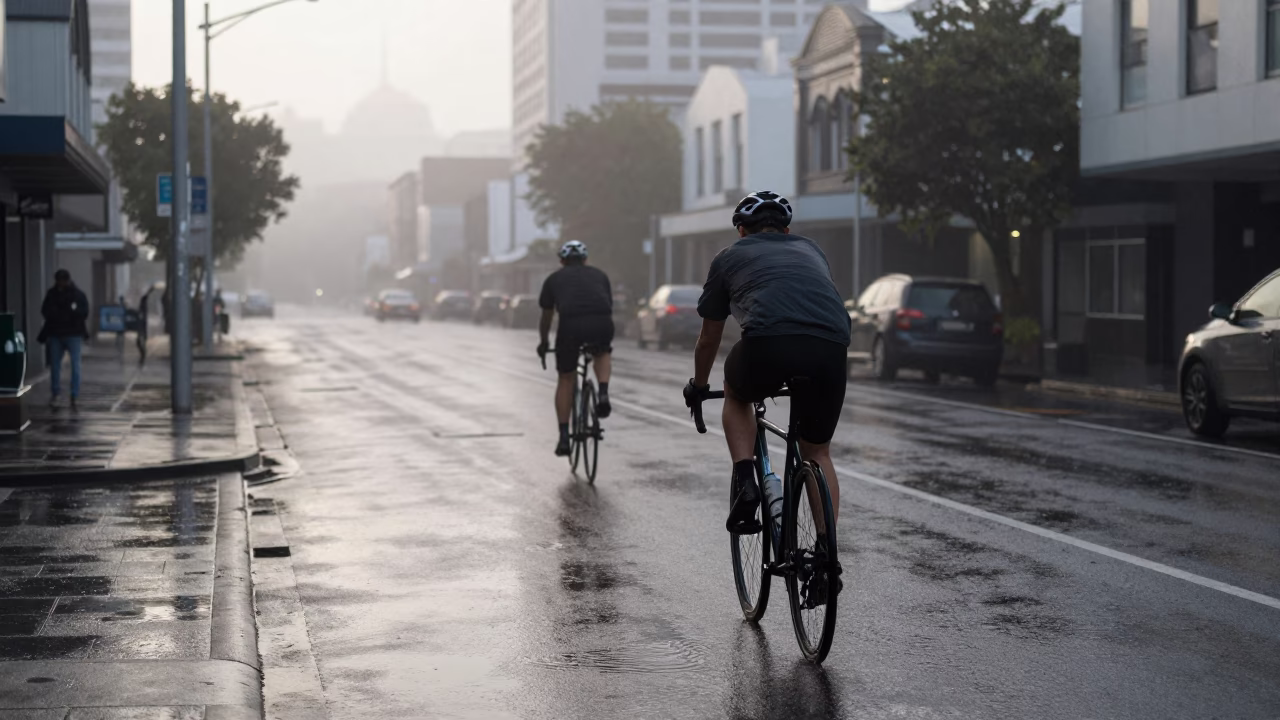 Cyclist at Dawn Light in Auckland in in Auckland, New Zealand