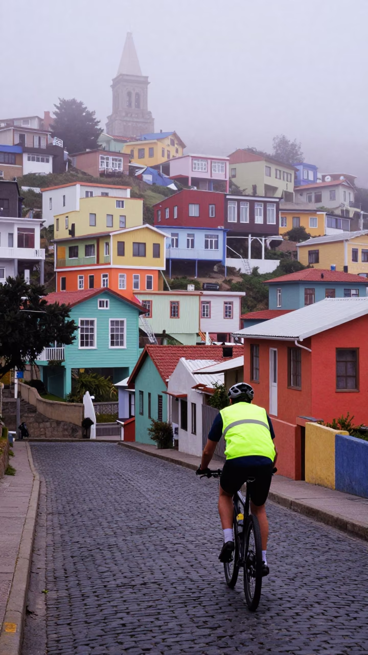 Cyclist at Dawn Light in Valparaiso in in Valparaiso, Chile