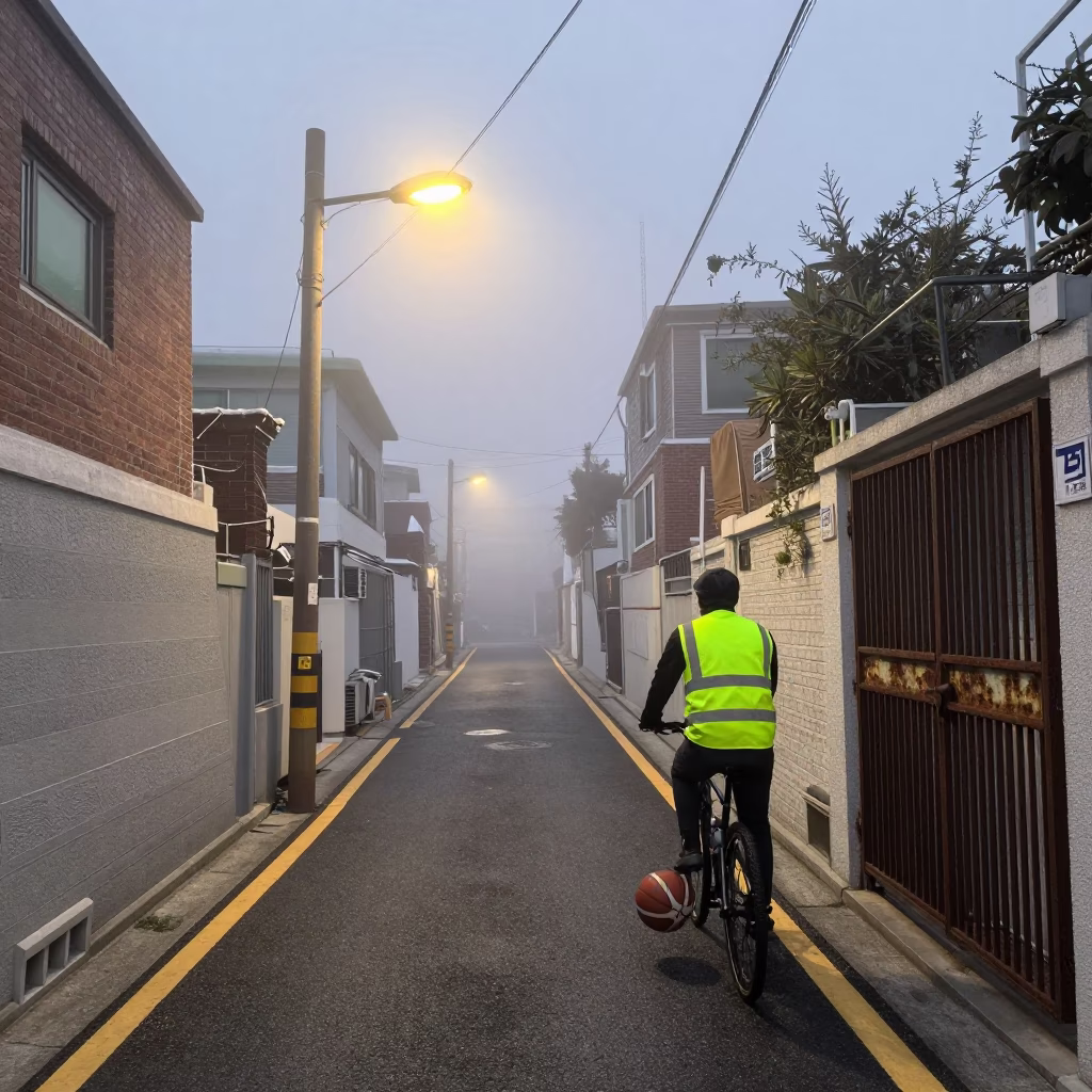 Cyclist at Dawn Light in in Busan, South Korea