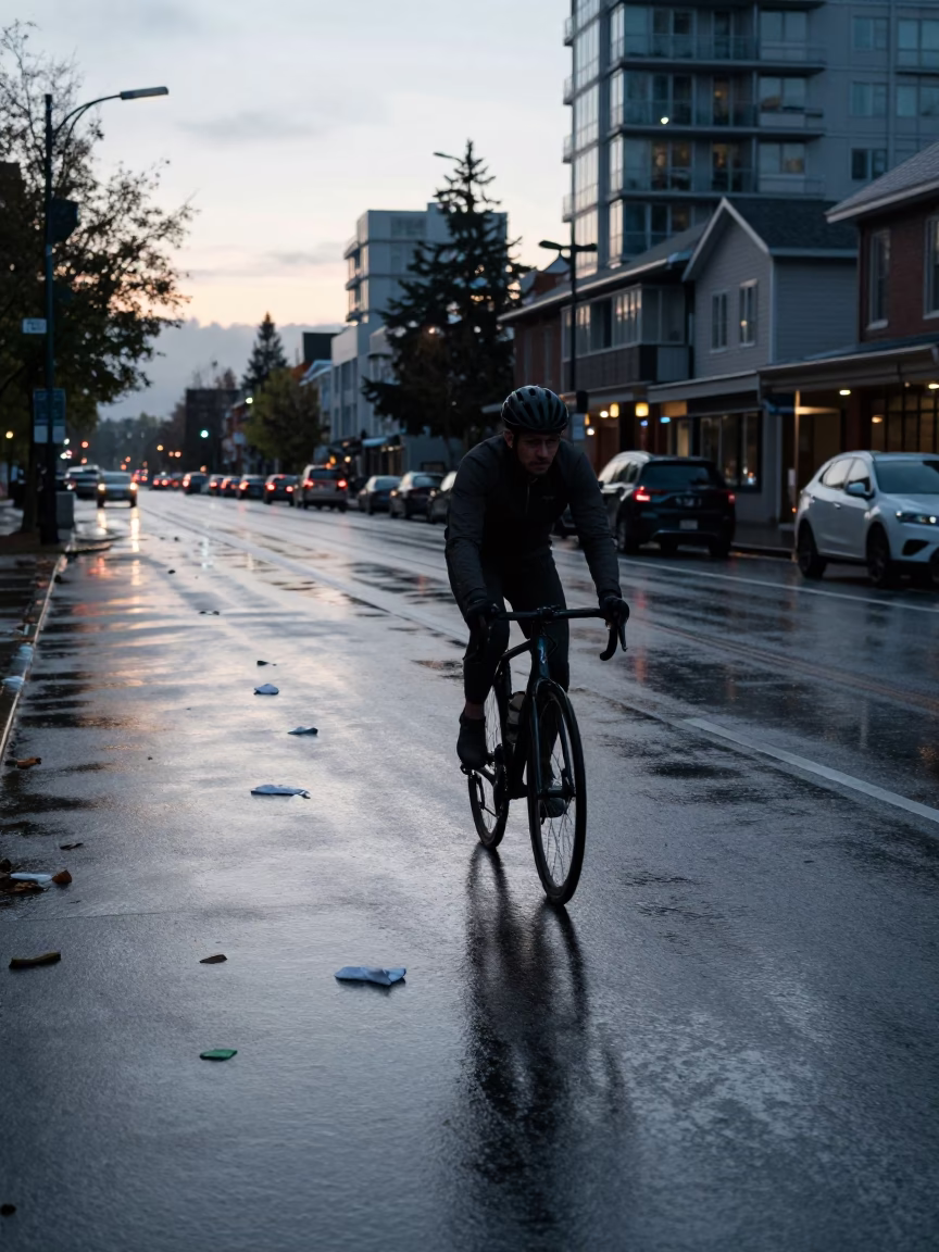 Cyclist at Early Morning Light in in Vancouver, British Columbia, Canada