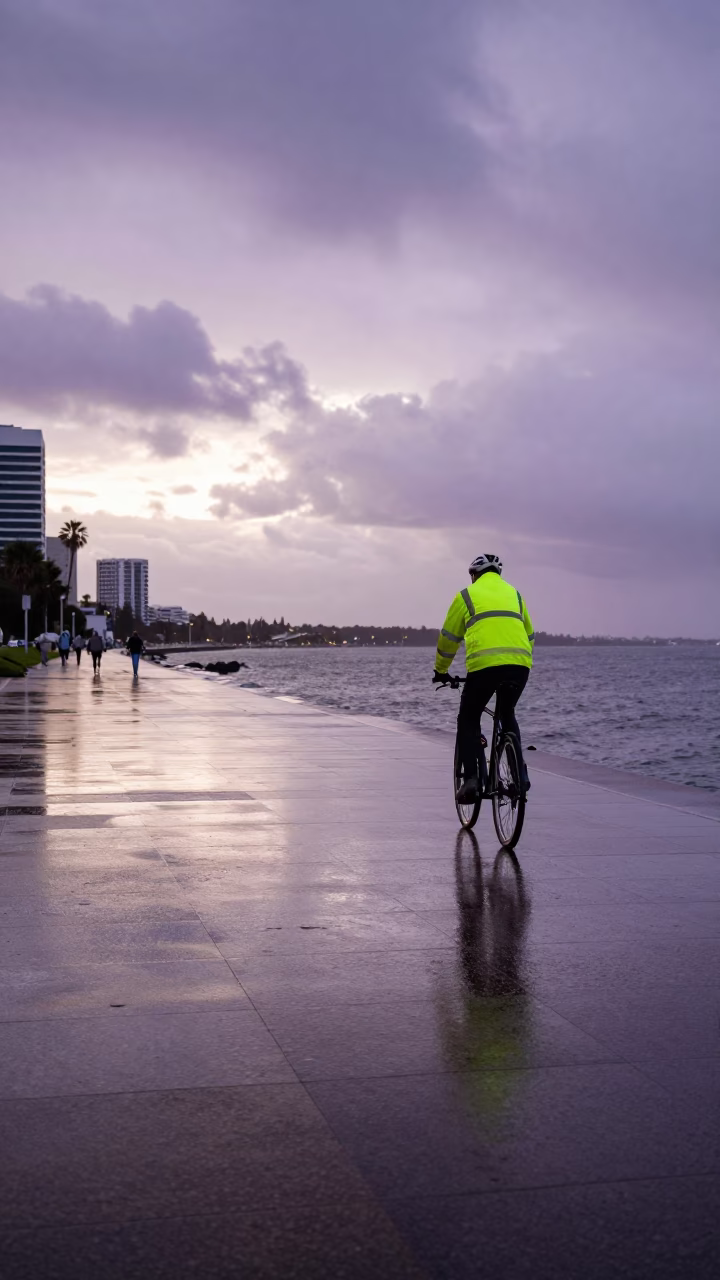 Cyclist at First Light in in Perth, Western Australia, Australia