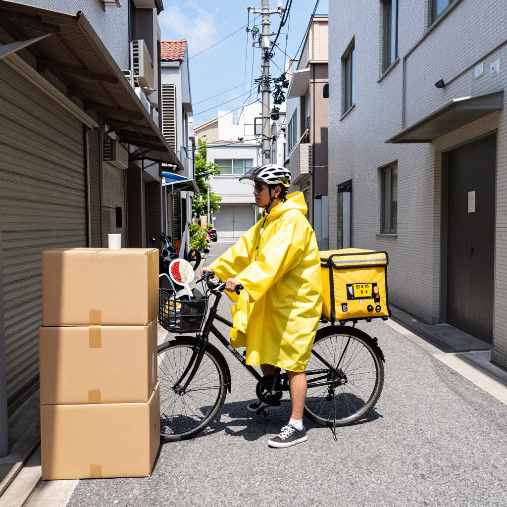 Cyclist at Flat Noon Light in in Tokyo, Japan