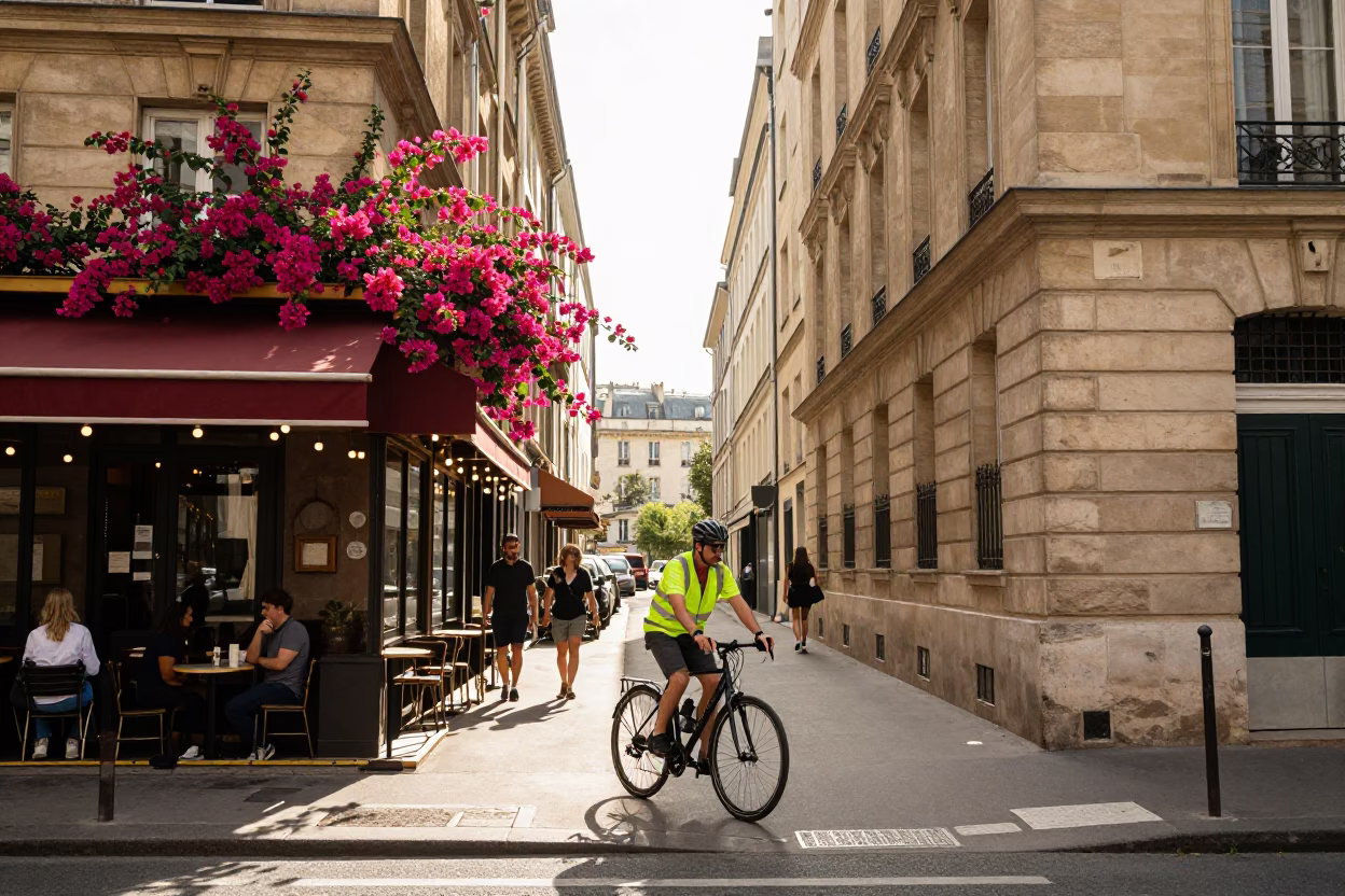 Cyclist at Late Afternoon Light in in Paris, France