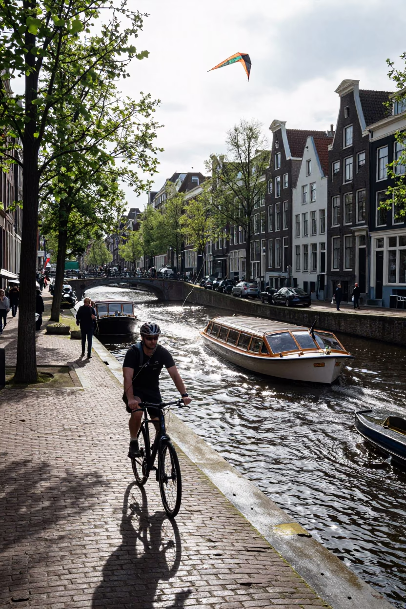 Cyclist at Late Morning Light in in Amsterdam, Netherlands