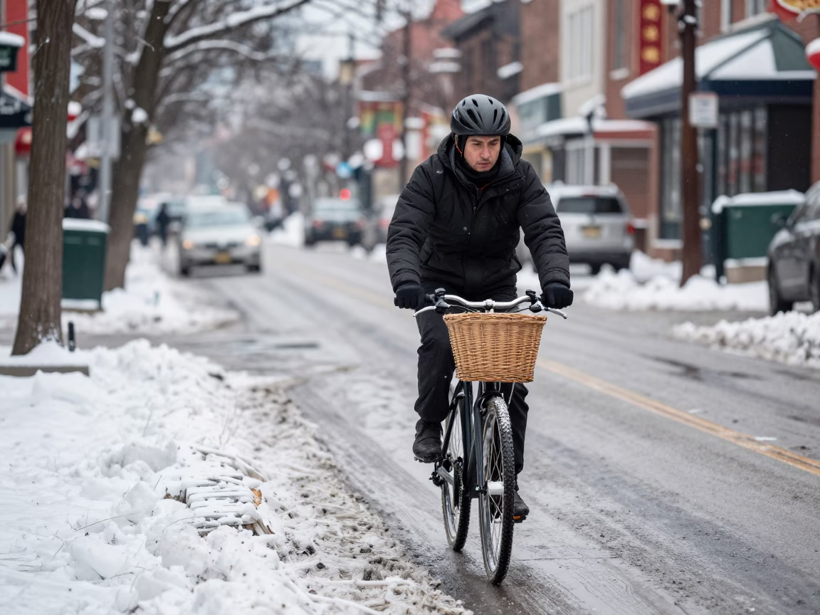 Cyclist at Noon Light in Toronto in in Toronto, Ontario, Canada