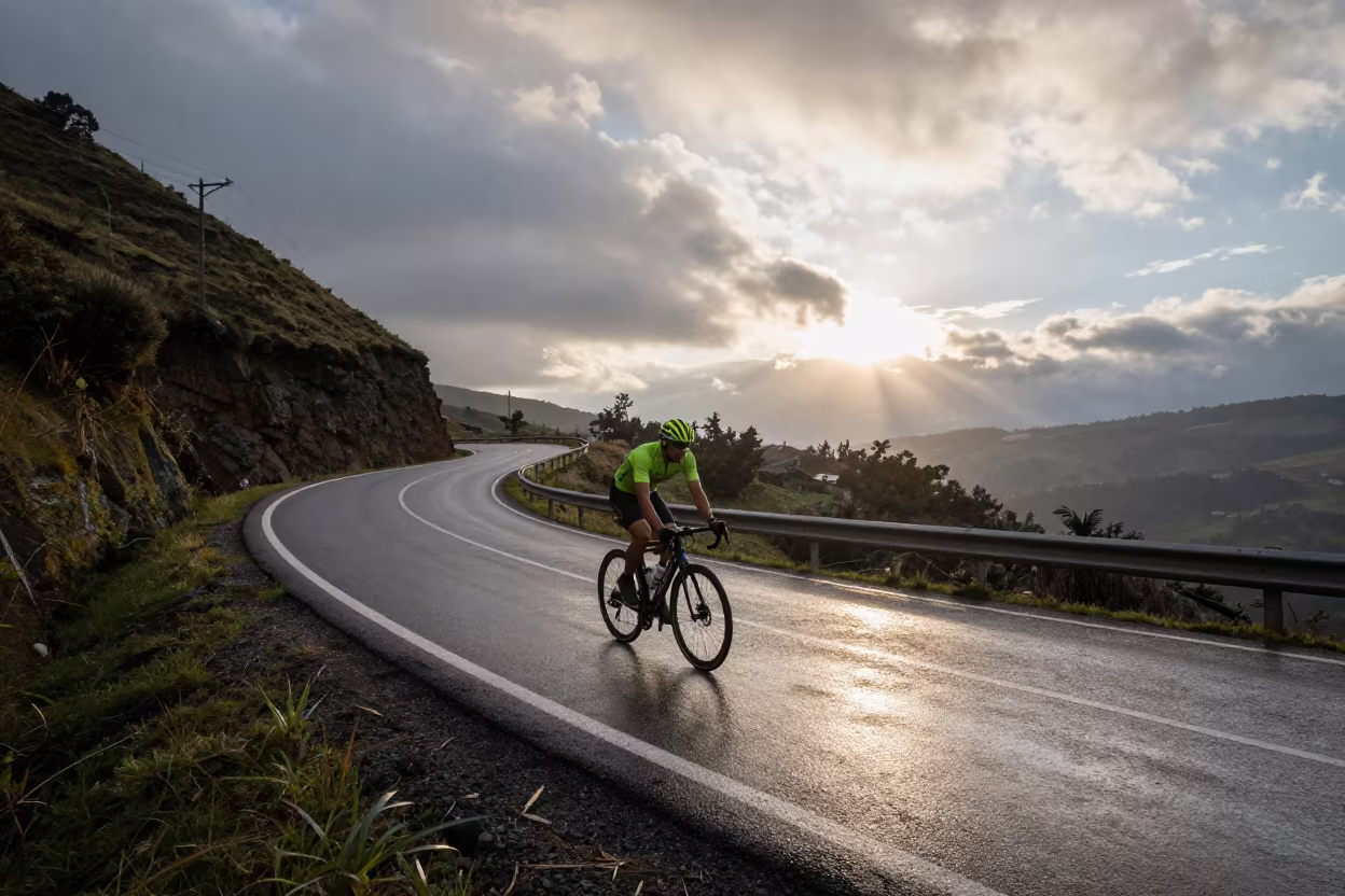 Cyclist on Blue Hour Hairpin Turn Near Lalibela in on a mountain path near Lalibela