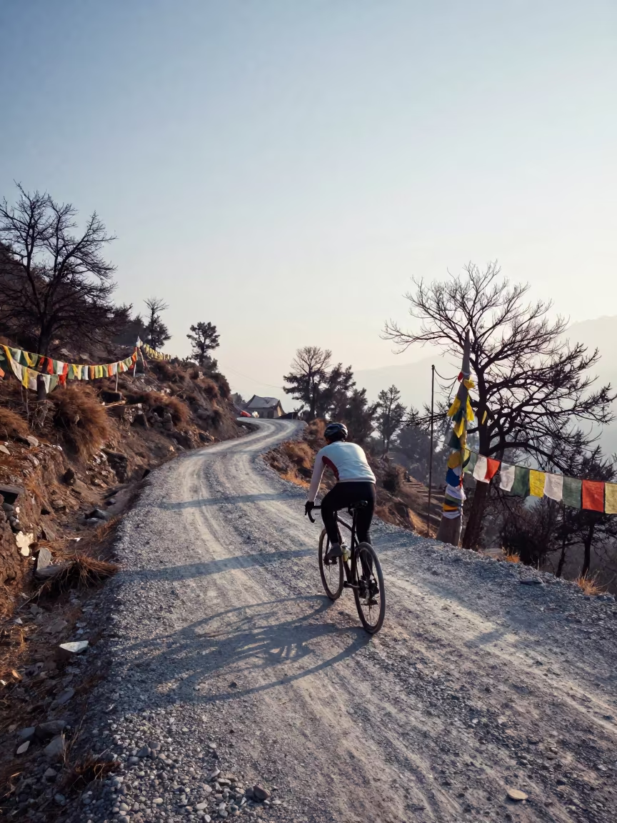 Cyclist climbing mountain pass Kathmandu dawn in along a high mountain pass beneath prayer flags near Kathmandu