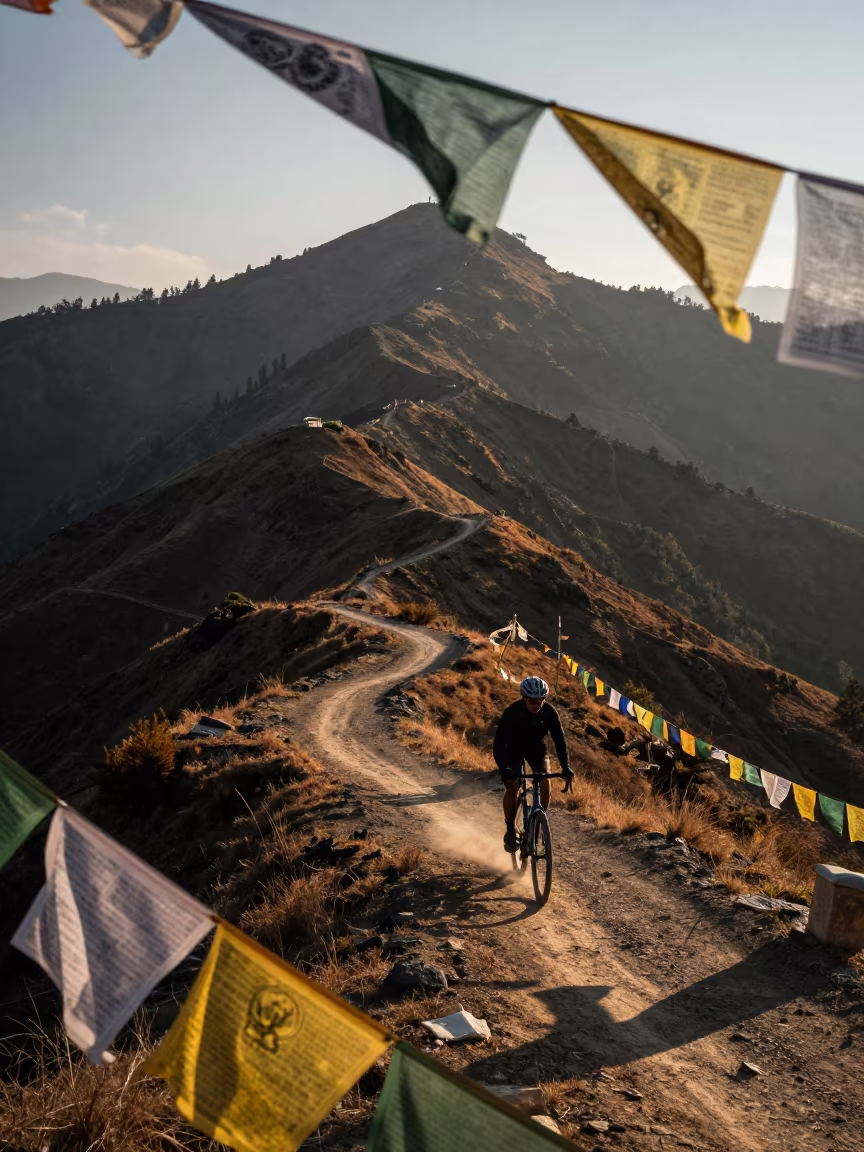 Cyclist Climbing Ridge at Dawn Near Shimla in on a wind-cut ridge below prayer flag lines near Shimla