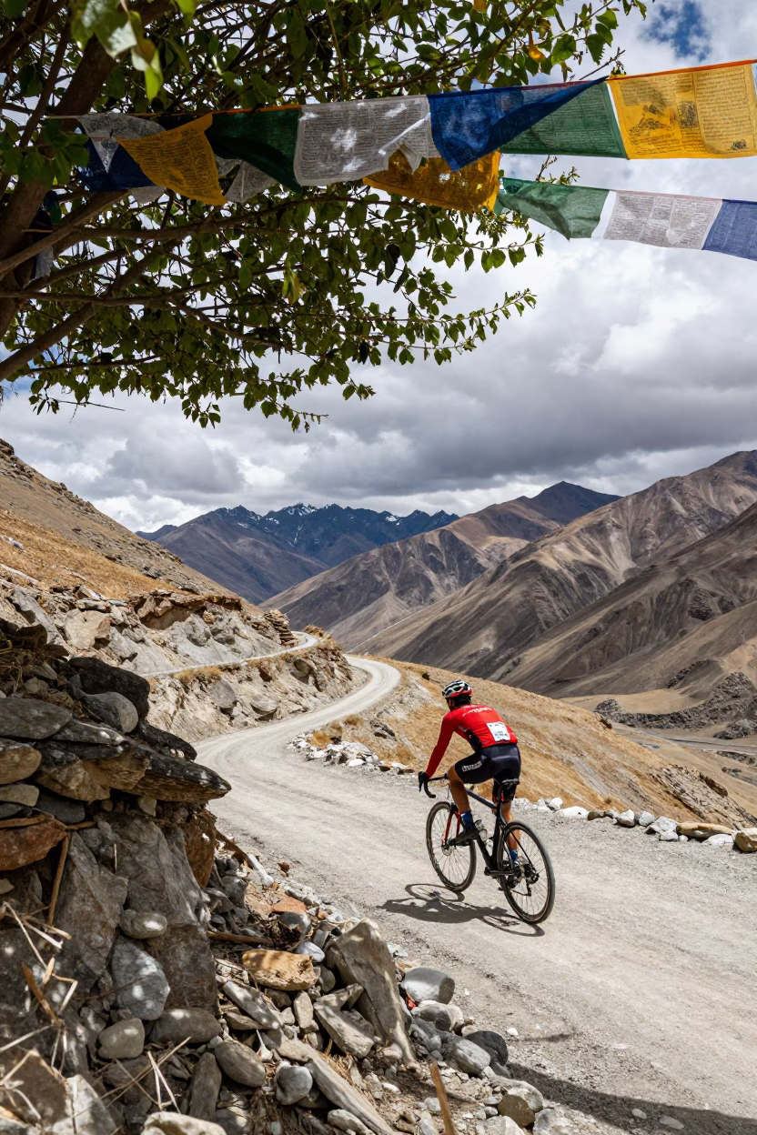 Cyclist Climbing Switchback Ridge Near Leh in on a wind-cut ridge below prayer flag lines near Leh