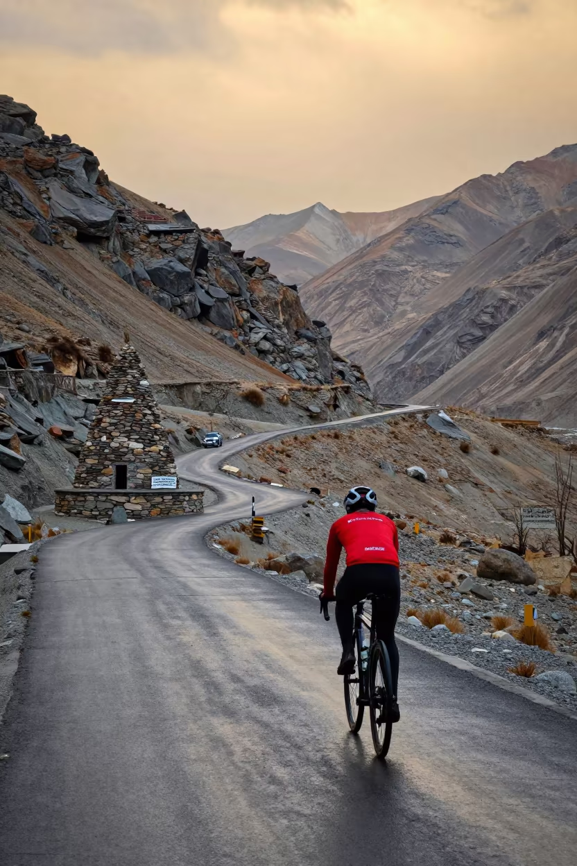 Cyclist Climbing Switchback Summit Cairn Leh Sunset in beside a summit cairn above the tree line near Leh