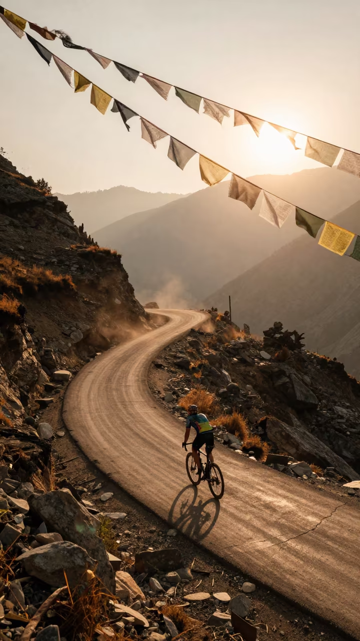 Cyclist Climbs Mountain Pass Kathmandu at Sunset in along a high mountain pass beneath prayer flags near Kathmandu