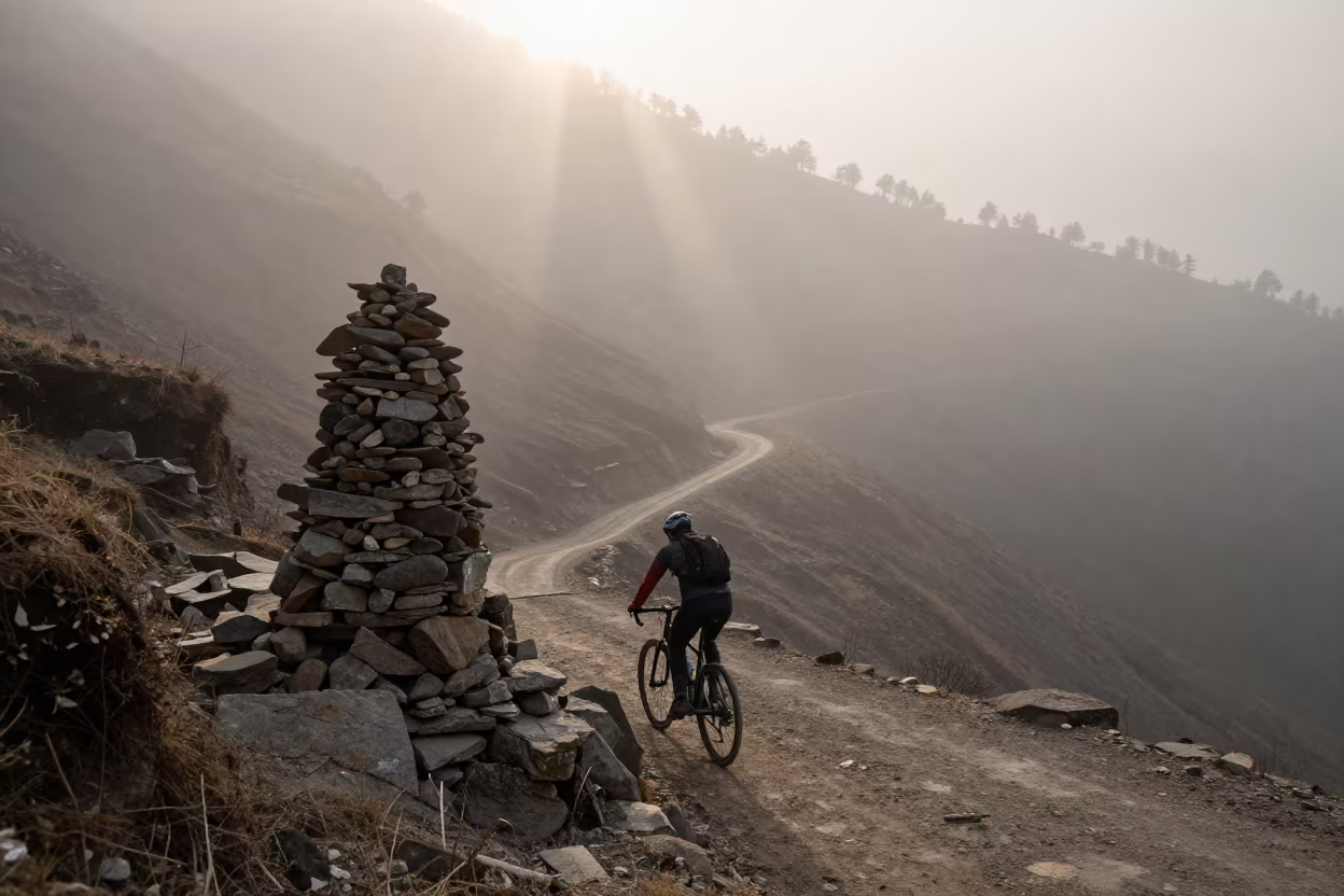 Cyclist Climbs Switchback Near Kathmandu Summit Cairn in beside a summit cairn above the tree line near Kathmandu