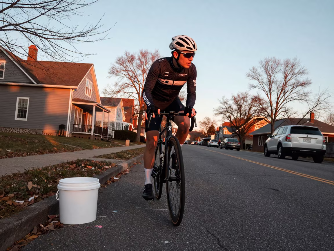 Cyclist in Copper Light Before Dusk Near Chalk Bucket in in a village lane near Tribeca, New York