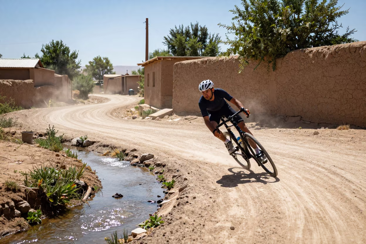 Cyclist Descending Hairpin Turn in Daşoguz Village in in a village lane near Daşoguz