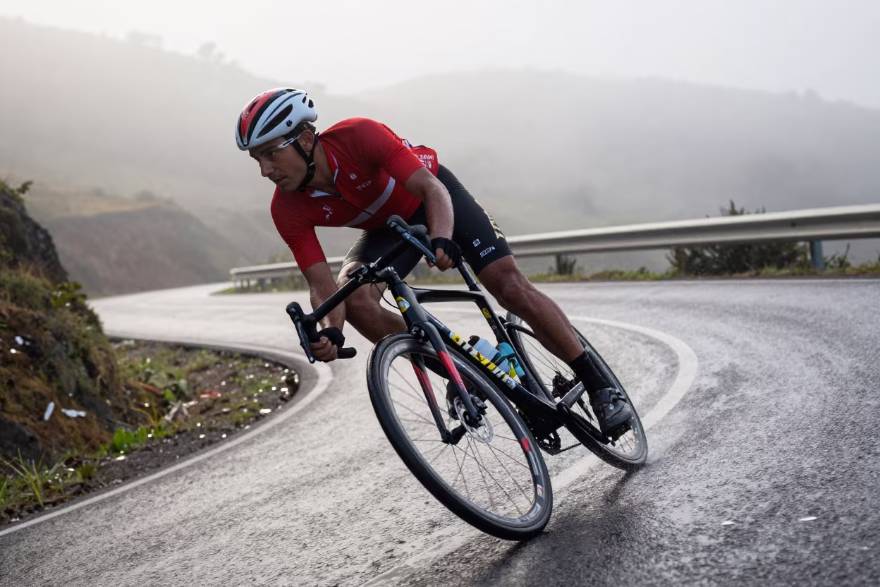Cyclist Descending Hairpin Turn in Mist in on a mountain path near Mogadishu