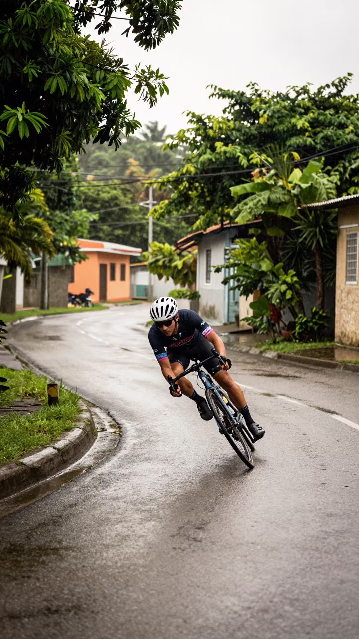 Cyclist Descending Hairpin Turn in Santo Domingo in in a village lane near Santo Domingo