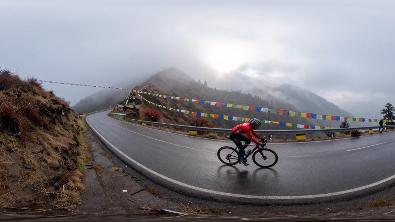 Cyclist Descending Misty Ridge Near Shimla in on a wind-cut ridge below prayer flag lines near Shimla