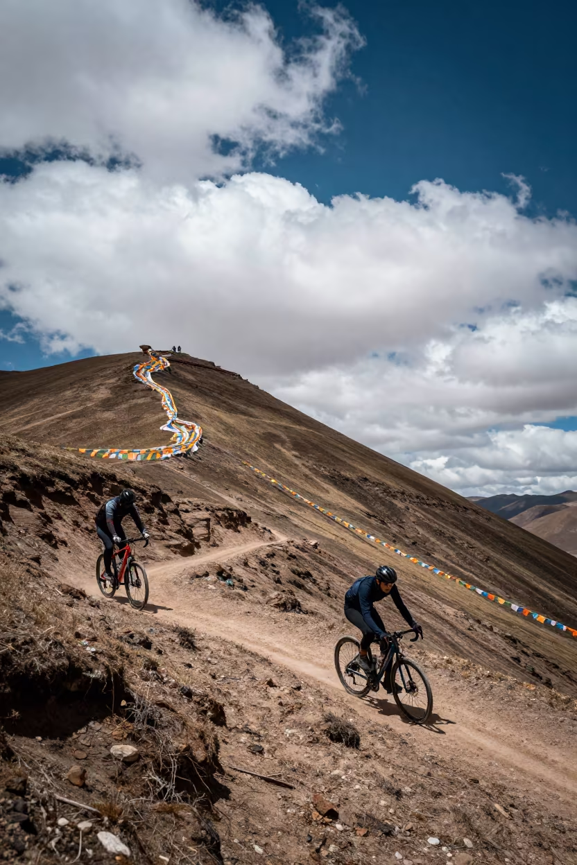 Cyclist Descends Lhasa Ridge Amid Clouds in on a wind-cut ridge below prayer flag lines near Lhasa