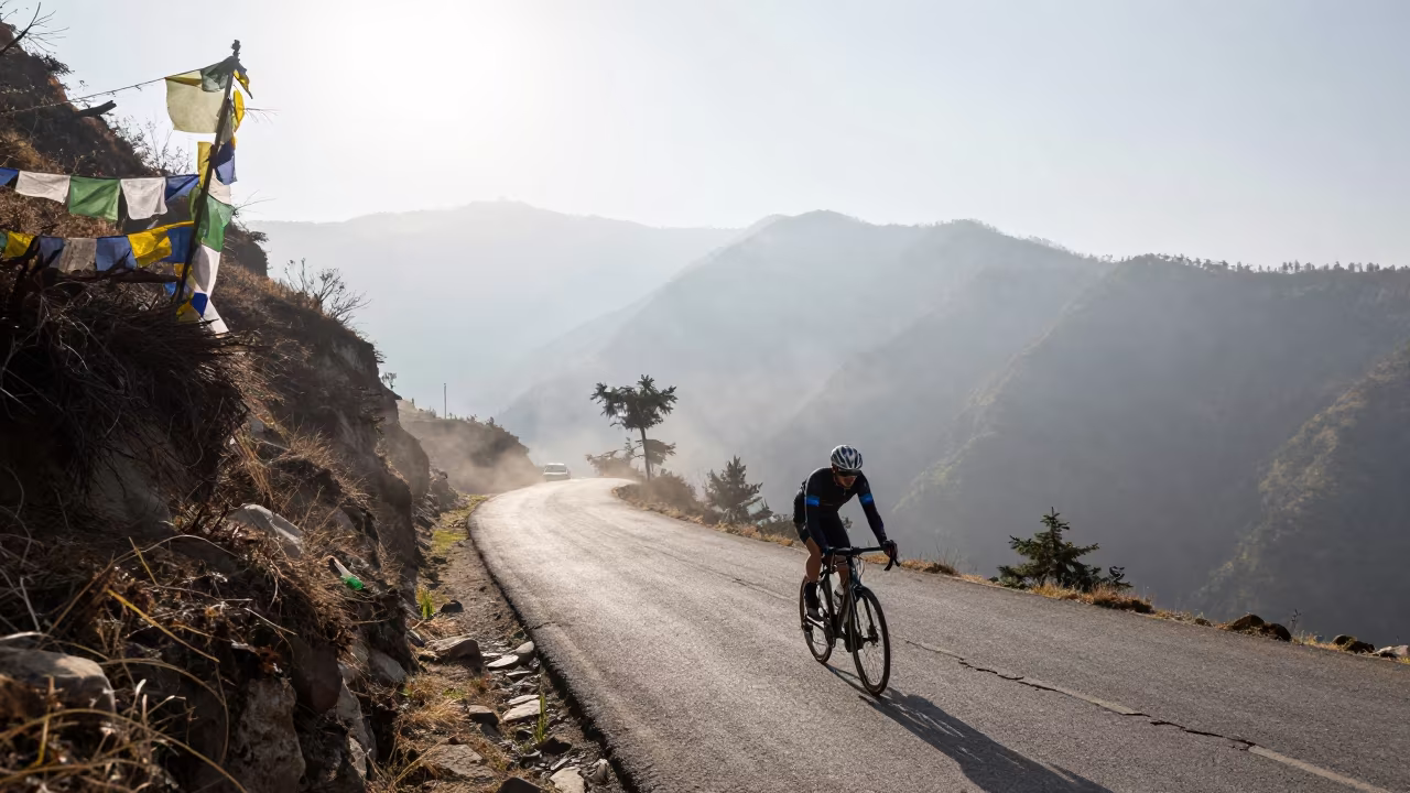 Cyclist Descends Wind-Cut Ridge Near Shimla at Dawn in on a wind-cut ridge below prayer flag lines near Shimla