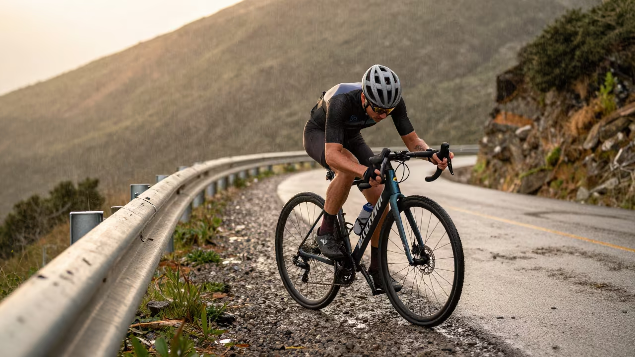 Cyclist Fixes Chain on Ibb Mountain Path in on a mountain path near Ibb