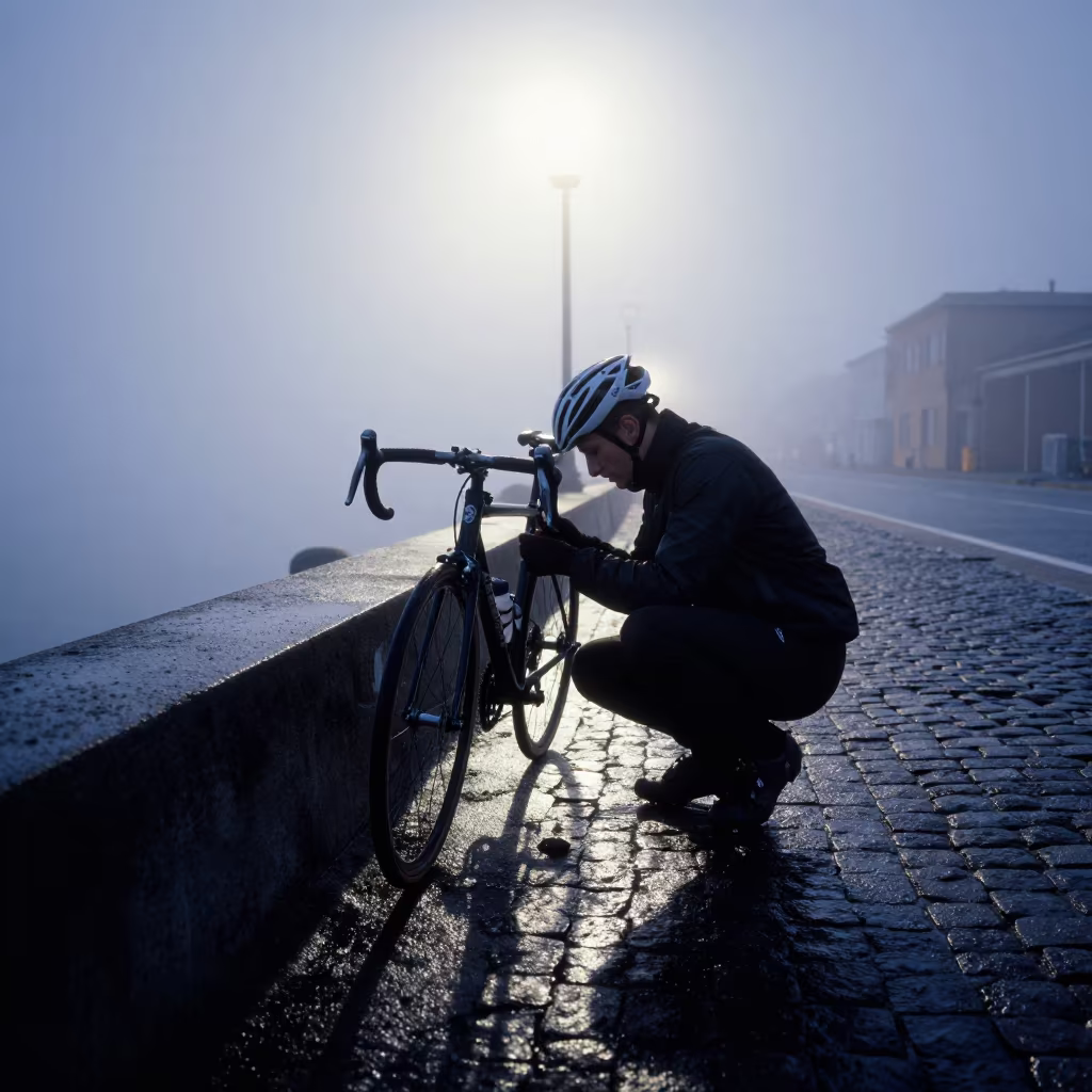 Cyclist Fixes Chain on Misty Bologna Quay in at a harbor quay near Bologna