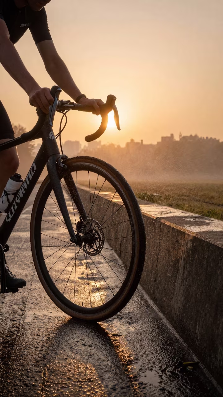 Cyclist Fixes Chain by Vilnius Roadside in Golden Sunset in at a roadside stop near Vilnius