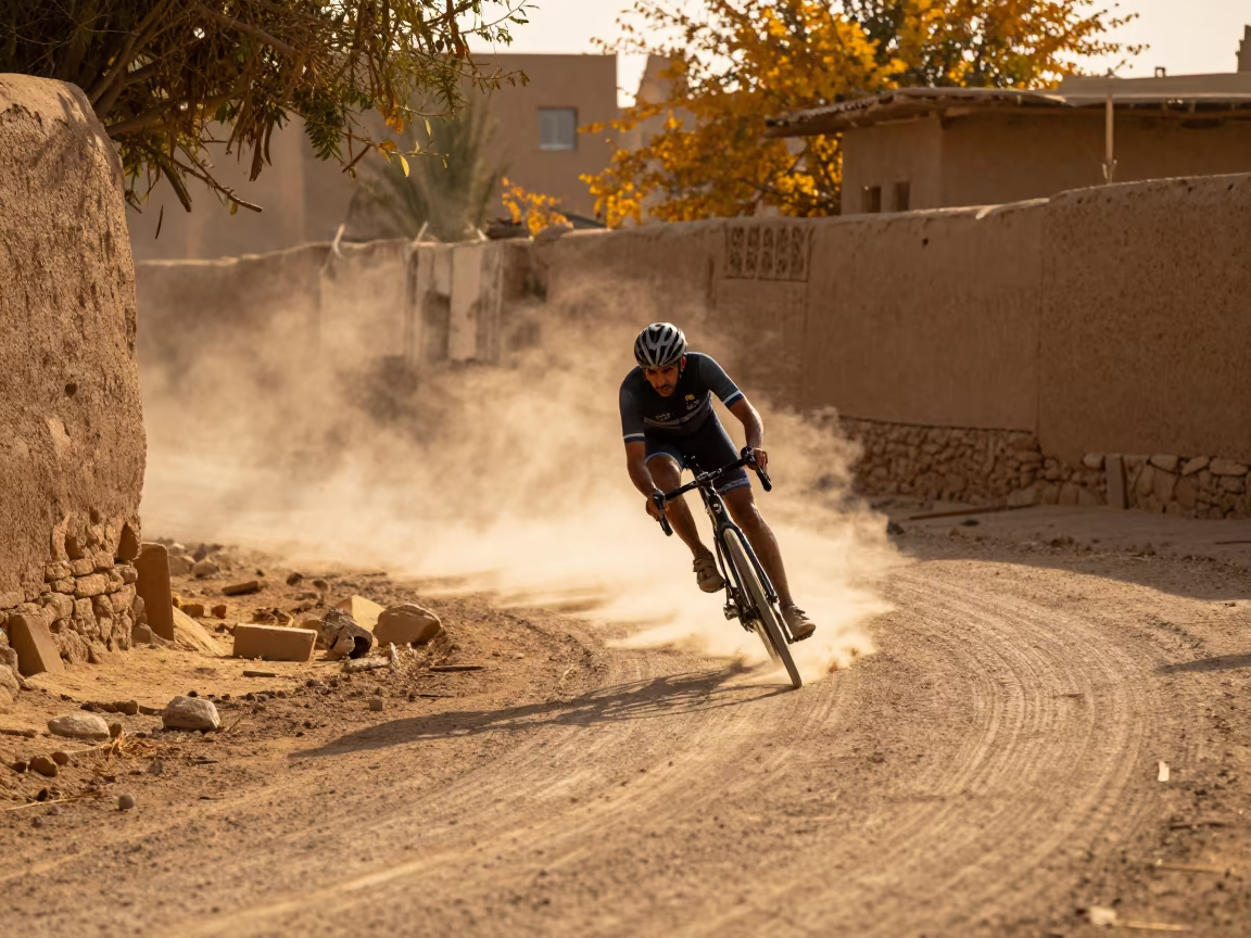 Cyclist on Golden Autumn Village Lane in in a village lane near Qena
