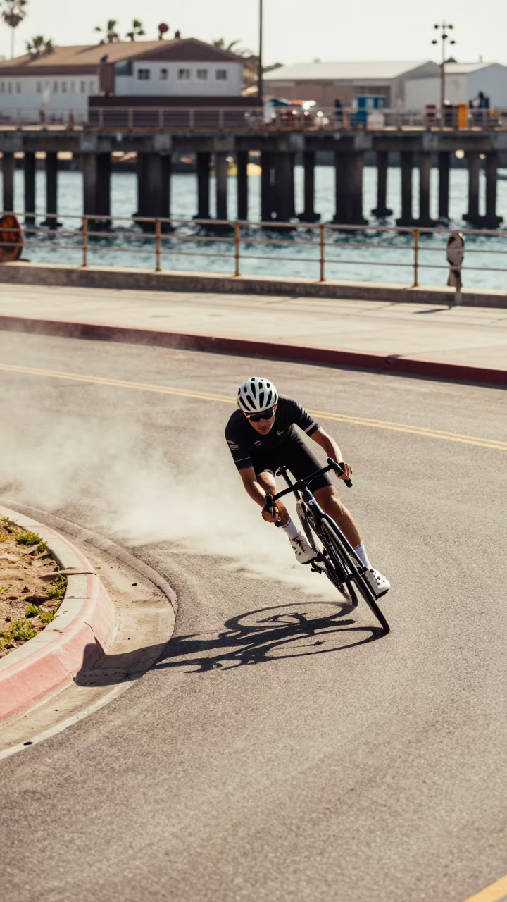 Cyclist Speeding Down Tijuana Harbor Hairpin in at a harbor quay near Tijuana