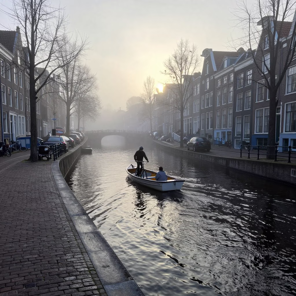 Cyclist in Amsterdam at Dawn Light in in Amsterdam, Netherlands